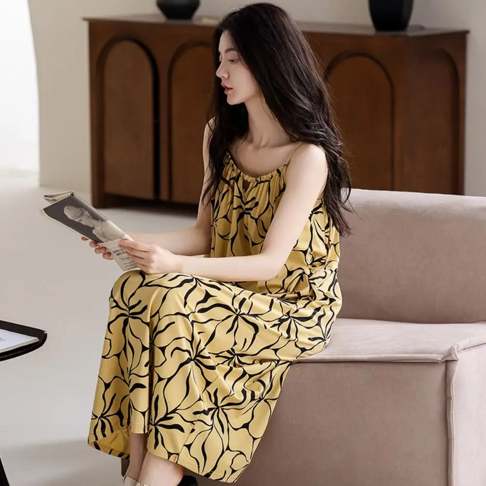 

Sweet Modal Women's Pajama Dress Ruffle Flower Suspender Nightdress Loose Homewear Sling Nightgown with Pads Club