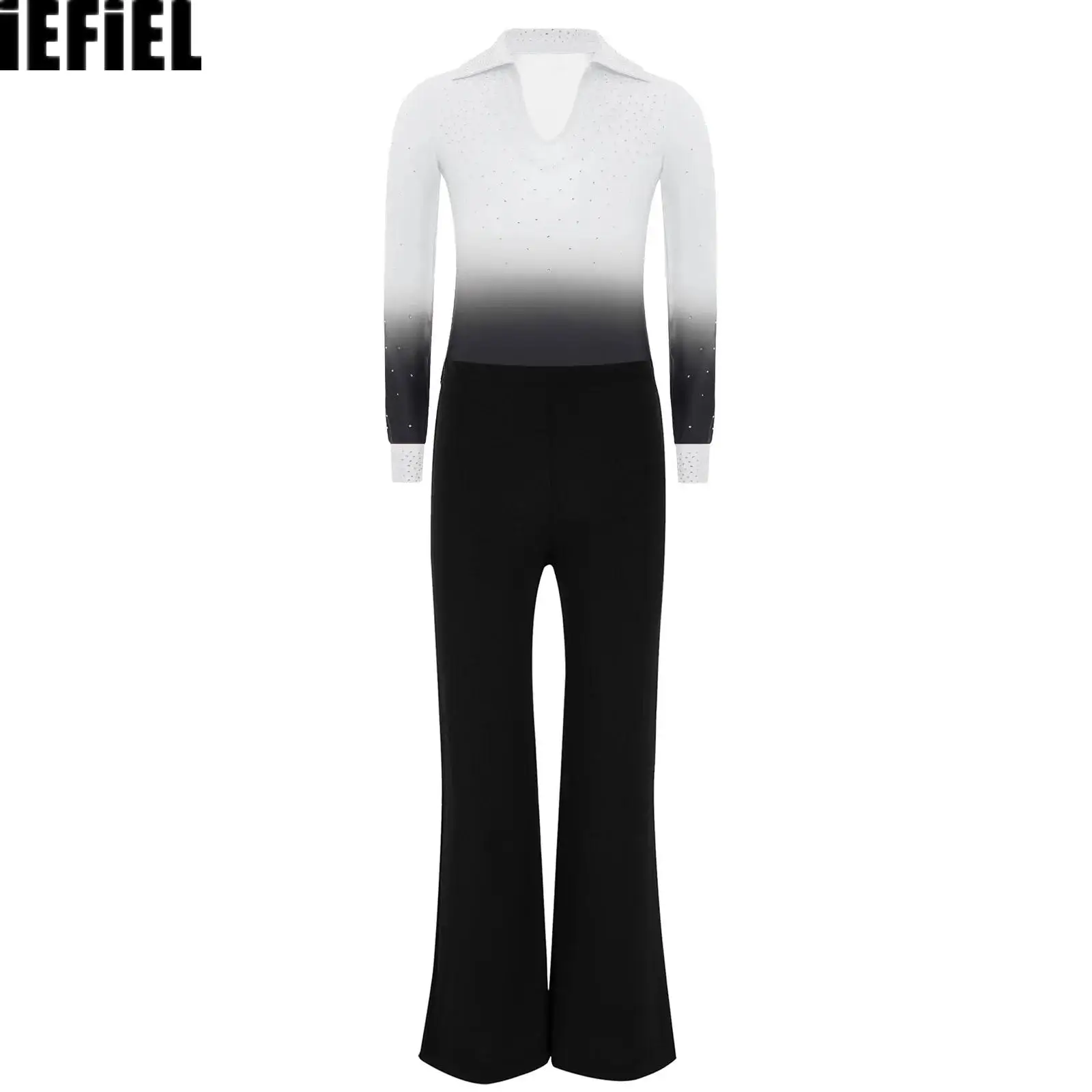

Kids Boys Turn-Down Collar Dance Sets Long Sleeve Shiny Rhinestones Gradient Color Leotard with Waistband Pants
