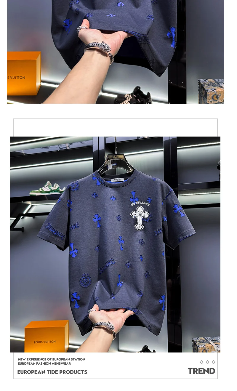 Men's high-end cross round neck short-sleeved t-shirt 2025 new summer trend brand American hot diamond half-sleeve