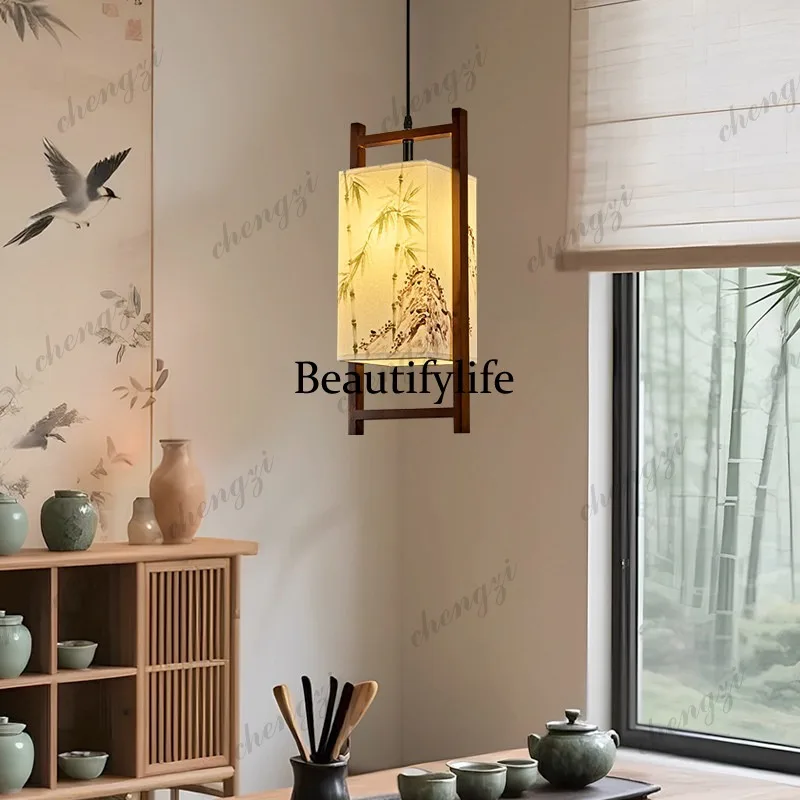 Solid wood bamboo small chandelier living room entrance Zen new Chinese aisle small square bedside bed and breakfast lamps