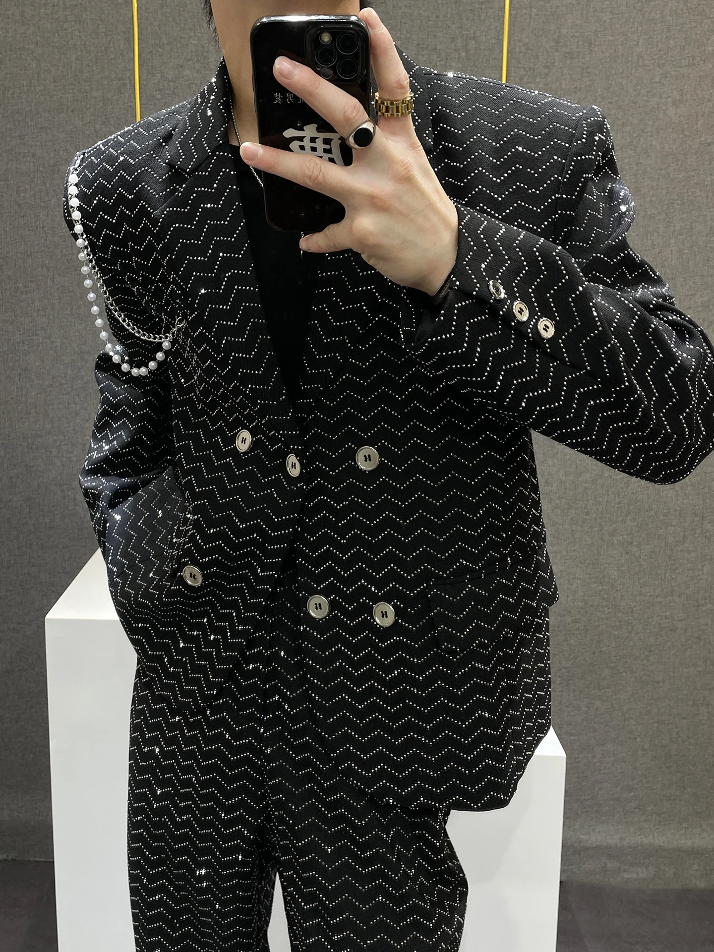Men's 2025 Autumn New Trendy Handsome Chain Suit Jackets Long Suit Pants Two-Piece Sets High-End Starry Sky Rhinestone Suit Sets