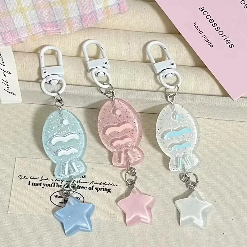 Ocean Series Resin Fish Starfish Key Chains for Women Shiny Cute Colorful Transparent Girl's Heart Bag Key Pendant Accessories