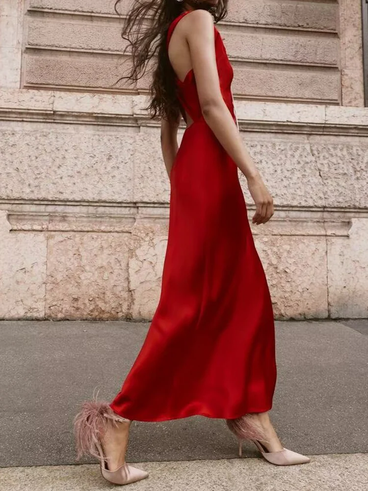 European and American autumn new fashion trend simple women's temperament slim asymmetrical satin texture midi dress