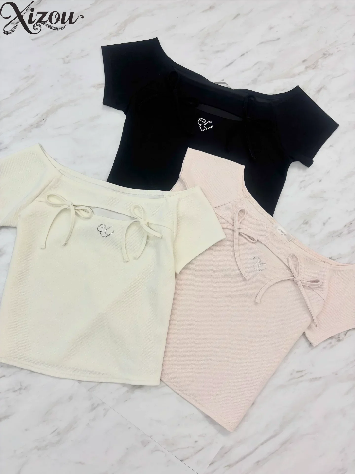 Girls T-shirt Japanese Bow Letter Rhinestone Short Sleeve Tee Slim Summer Top 2026 Crew Neck Casual T-shirt Bowknot Preppy Cute