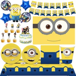 2024 New Yellow cute Big Eyed small capsules Theme Birthday Party Decoration Supplies Disposable Cutlery Balloon Background baby