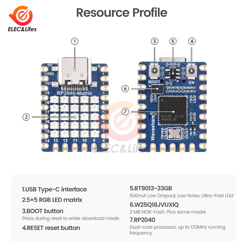 للوحة تطوير Raspberry Pi RP2040-Matrix 5 × 5 RP2040 RGB LED Matrix استنادًا على معالج RP2040 ثنائي النواة