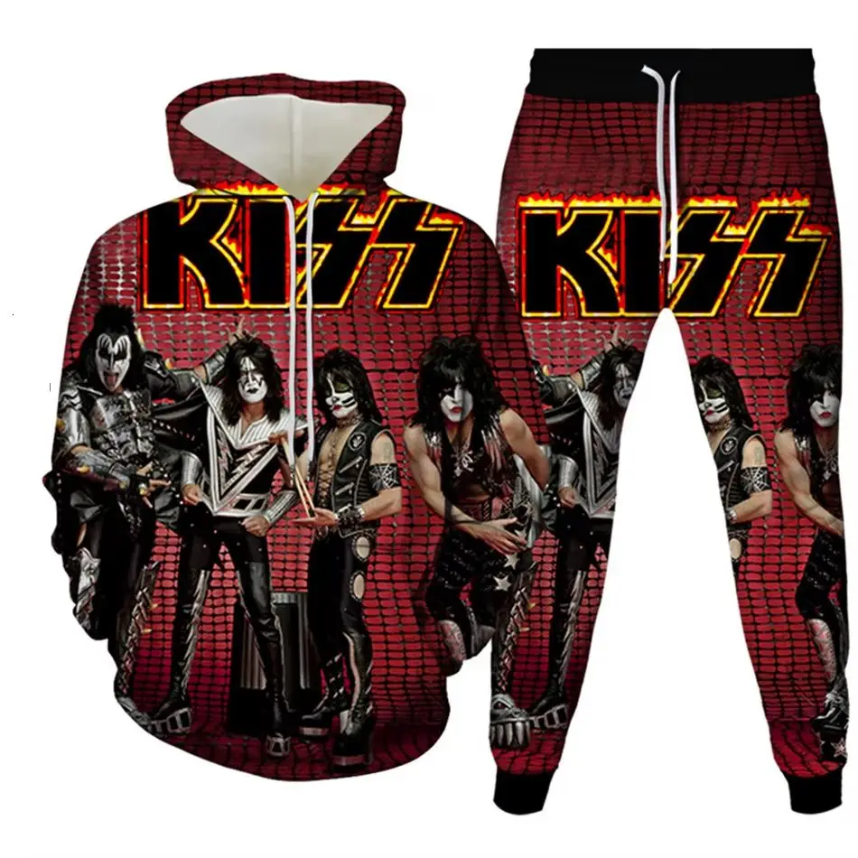 

KISS Rock Band 3D костюм с капюшоном с принтом, мужские толстовки, спортивные штаны, модный повседневный спортивный костюм из двух предметов, спортивный костюм для бега