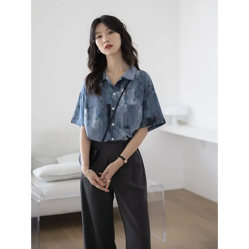 Summer Woman Clothes Chic HongKong Retro Style Thin Loose Fashion Casual Youth Short Sleeve Shirt Patchwork Floral Polo-neck