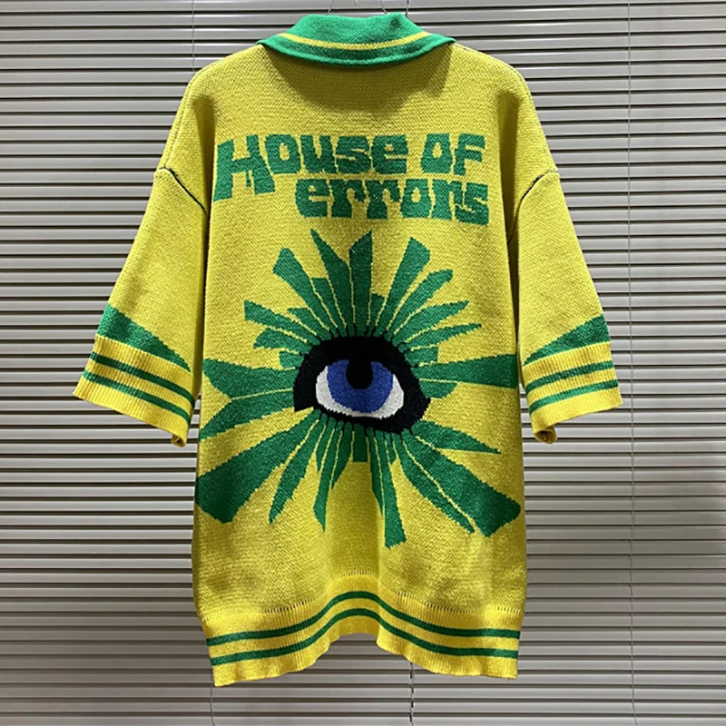 

Вязаная футболка House of Error, свитер с короткими рукавами и лацканами, желто-зеленый цвет, жаккардовые топы с буквенным узором, мужская и женская уличная одежда