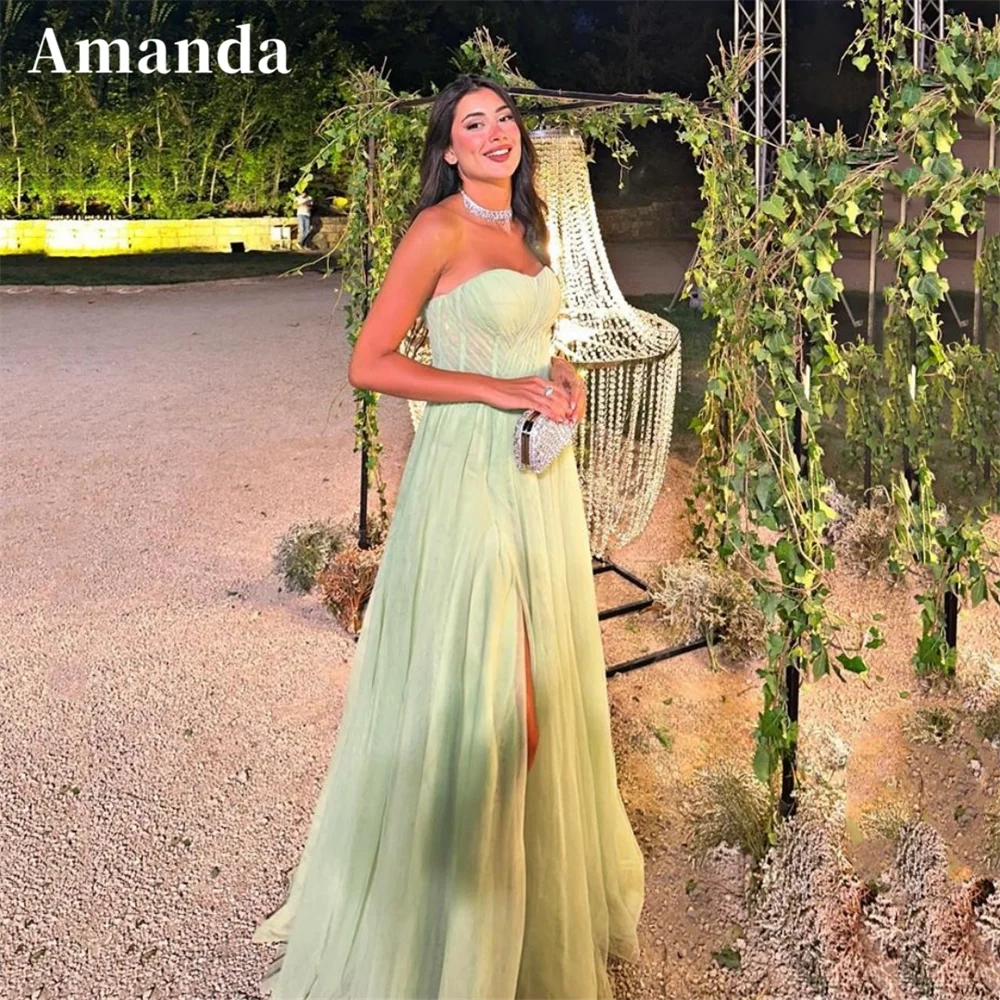 

Amanda Light Green فساتين مناسبة رسمية Sexy Strapless Side Split Tulle Vestidos De Noche Gentle Sleeveless A-line Prom Dress