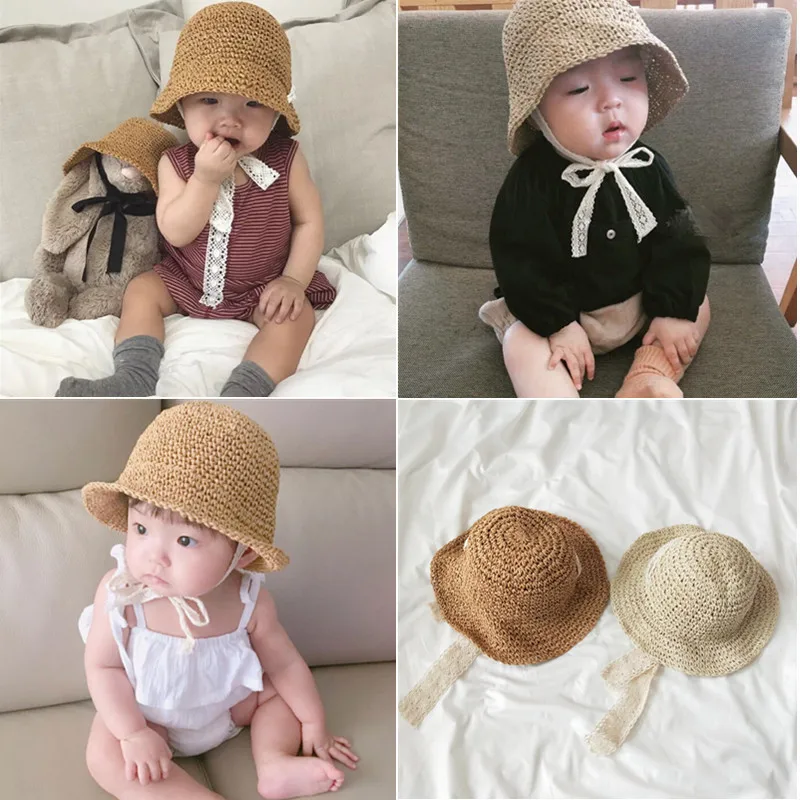 Summer children\'s straw hat ins baby lace lace straw hat Korean baby sun protection hat girls fisherman hat