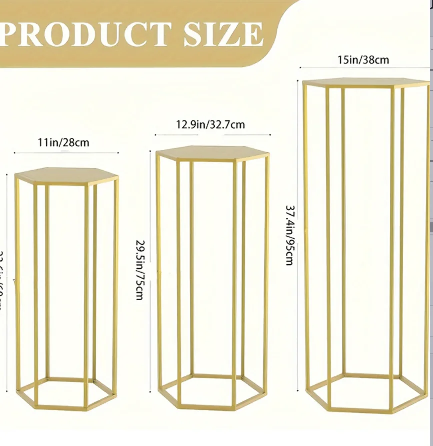3PCS Gold Cylinder Pedestal Stands Set 6-Sided Display Storage Rack for Party Flowers Columns Tables  Vases Birthday Party