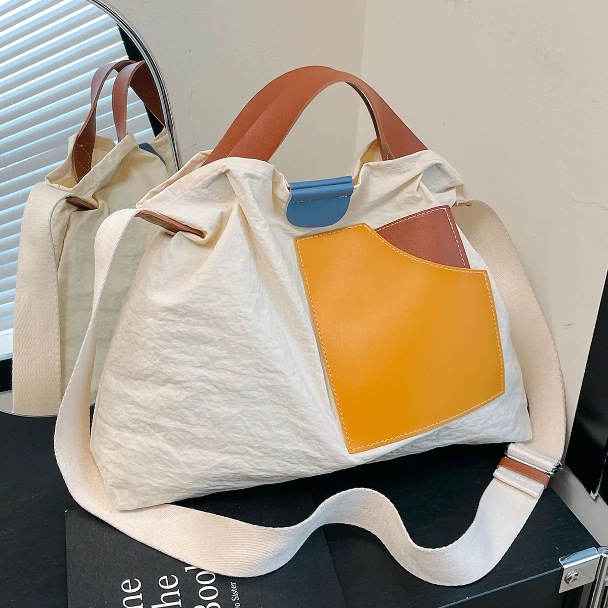 All-Match Daily Contrast Color Single Shoulder Nylon Cloth Bag for Women 2025 Summer New Large Capacity Crossbody Tote Bag