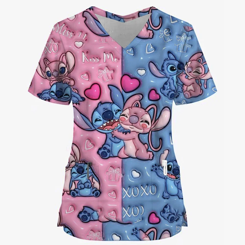 

Womens Nurse Style Scrub Tops Summer Disney Stitch Print Short Sleeve T-Shirt V Neck Kawaii Pet Hospital Uniform Y2K