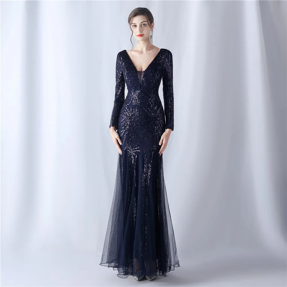 DEERVEADO Elegant Long Sleeves Women\'s Evening Dress Mermaid V Neck Sequin Party Maxi Dress Special Occasion Dress Gala