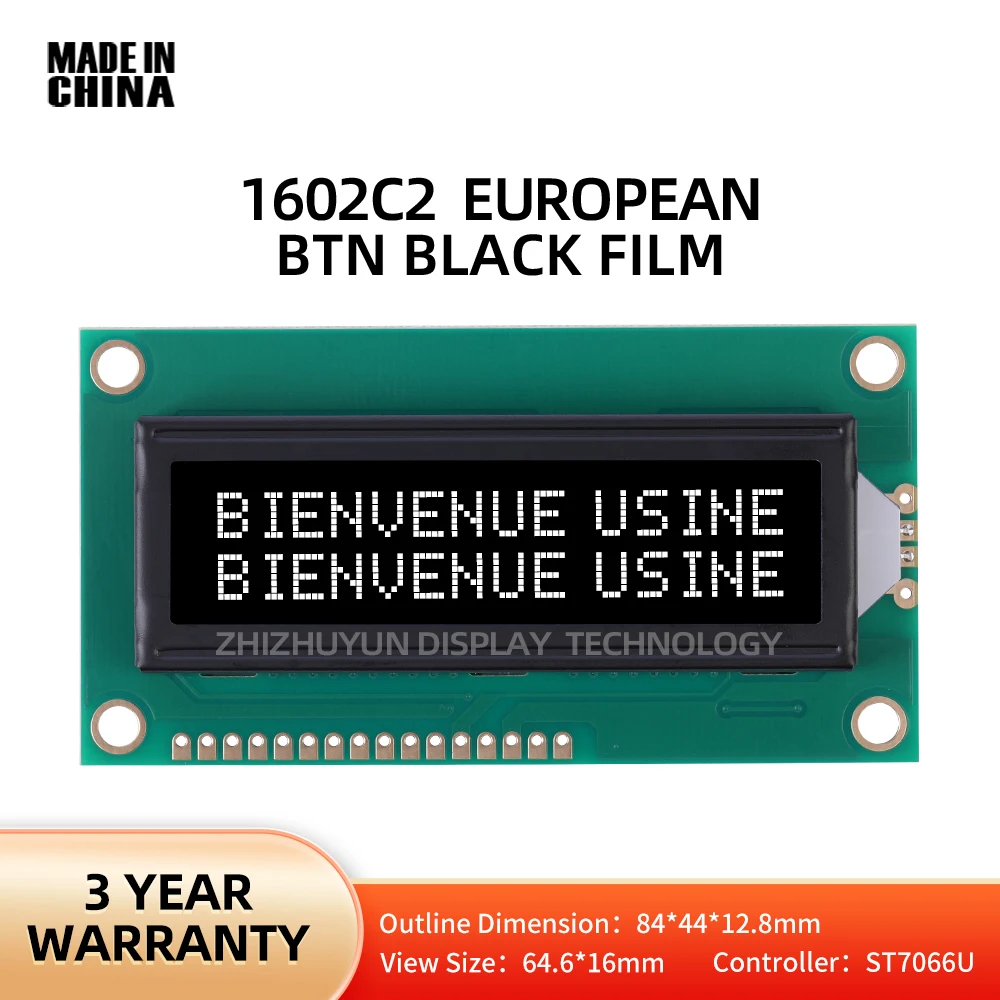 Pantalla de visualización de módulo LCD de caracteres europeos 1602C2, BTN, película negra, interfaz amarilla, pantalla de visualización de grado Industrial de 16 pines