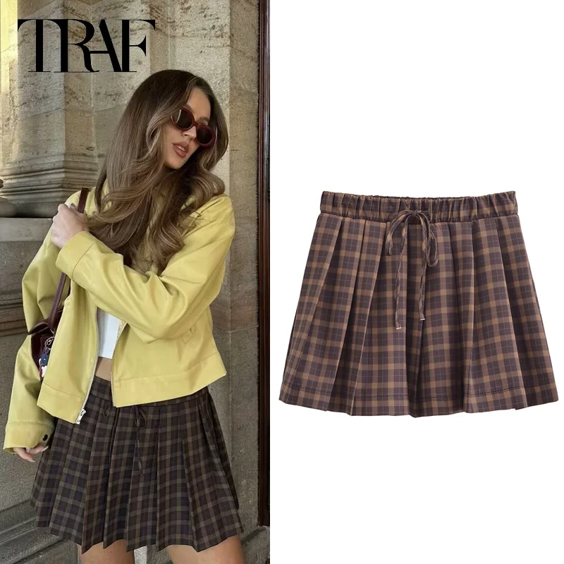 

TRAF Women's 2024 Brown Plaid Short Skirts Summer Autumn Butterfly Lace-Up Mini Skirts Ladies Fashion Casual Pleated Skirts