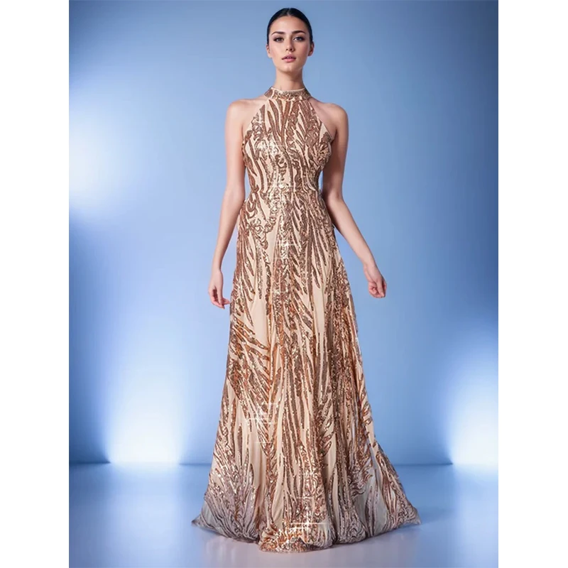 Summer Vestidos Women Sexy Halter Gold Sequined High Waist Elegant Cocktail Prom Evening Long Maxi Dresses Female Clothing