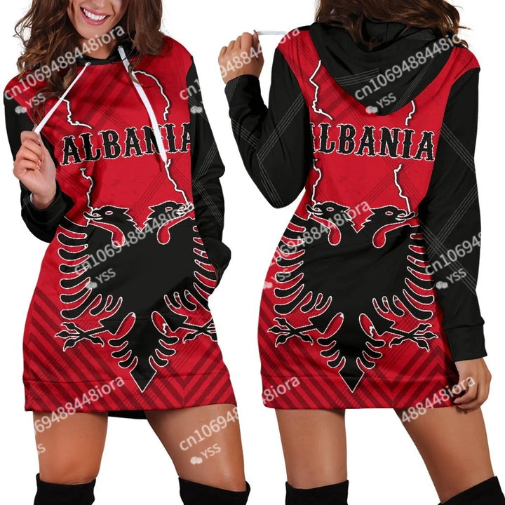 ALBANIA Emblem Country Flag New Harajuku Novelty 3D Print Autumn Hoodies Dress Women Casual Wear Long Sleeve Hooded Dress