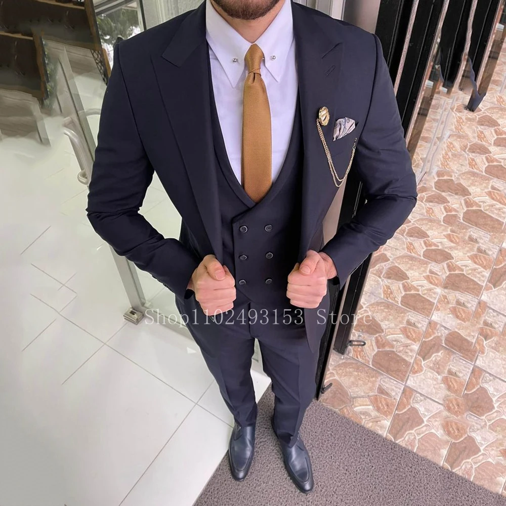 2023 High Quality Men Suit For Weeding Peak Lapel Two Buttons Elegant 3 Pieces Groom Wear Suits Balzer+Vest+Pants Costume Homme