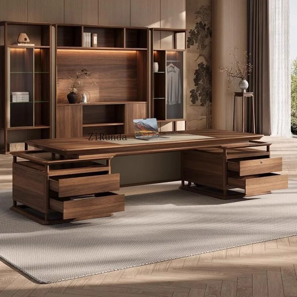 

President's Desk Ebony Leather Large Class Desk Modern Leadership Office Boss Office Desk and Chair Combination