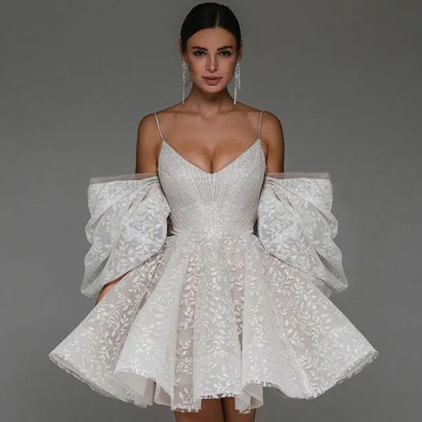 

White Organza Dress V-neck Prom Dress Ruffles Applique Dress Mini Dress Sparkly Lace Dress Plus Size Bridal Gown Plus Size