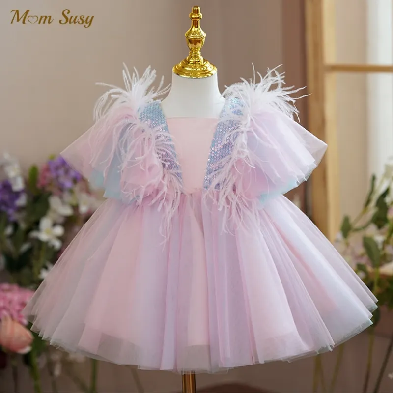 

Baby Girl Princess Feather Fly Sleeve Tutu Dress Infant Toddler Child Rainbow Vestido Party Pageant Birthday Baby Clothes 1-14Y