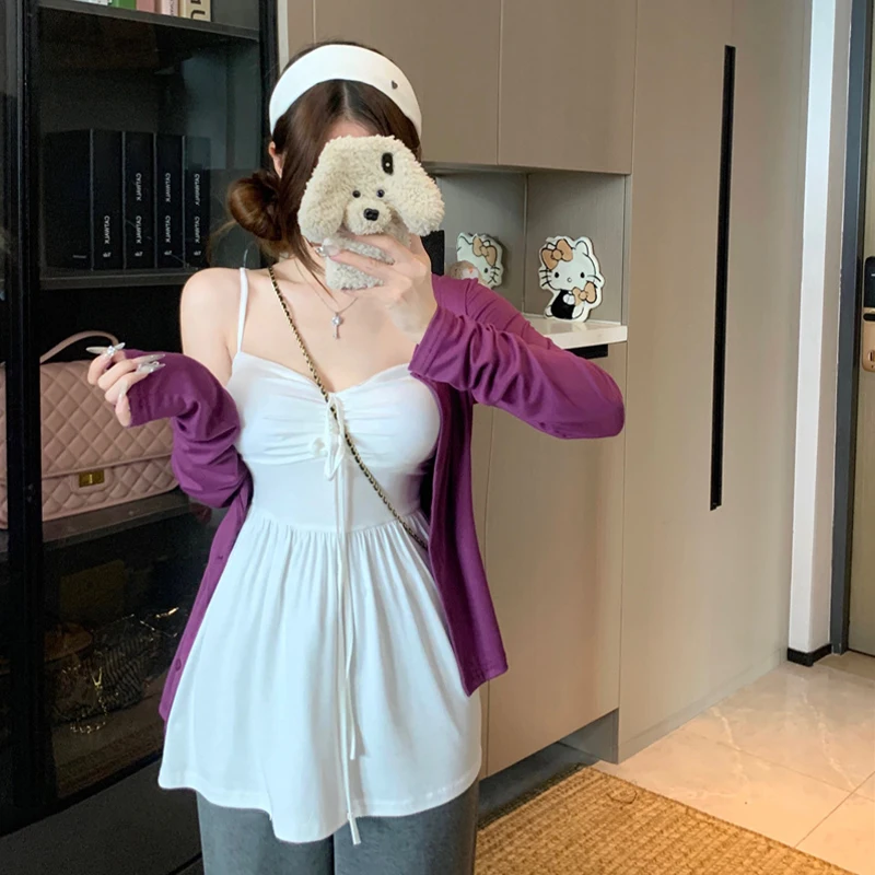 Camisola de vacaciones dulce de una línea sólida con cordones delanteros con diseño de Pure Desire para mujer