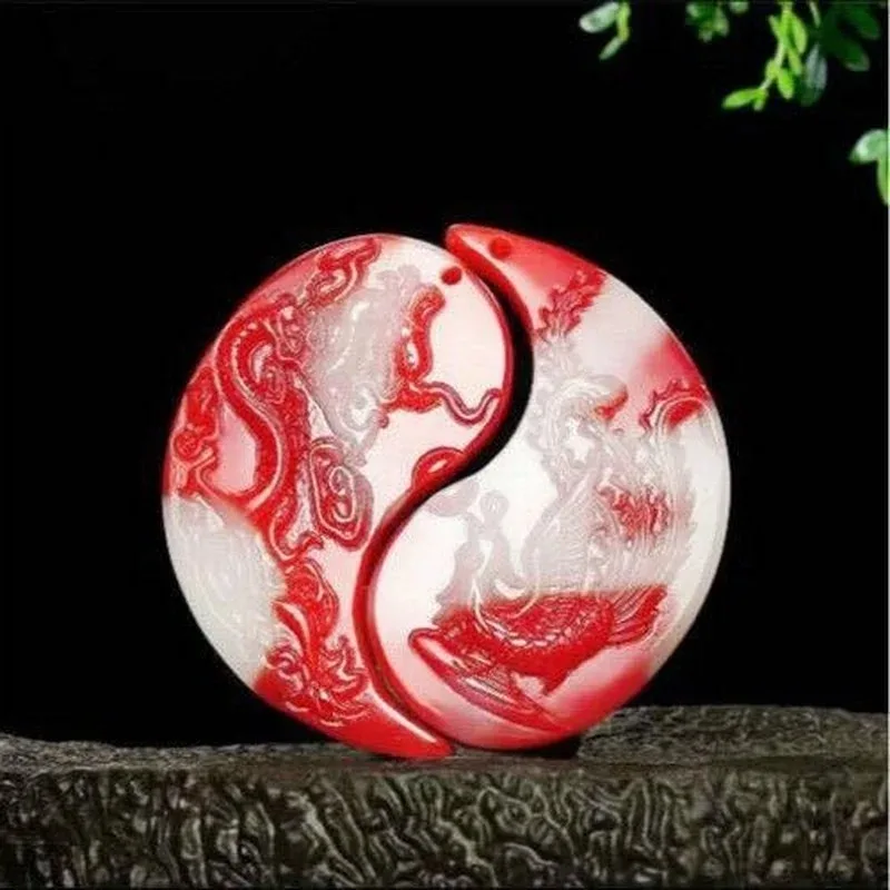 

Set Natural Chicken Blood Hand Carved Dragon and Phoenix Jade Pendant Fashion Boutique Jewelry Couple Necklace Gift Accessories