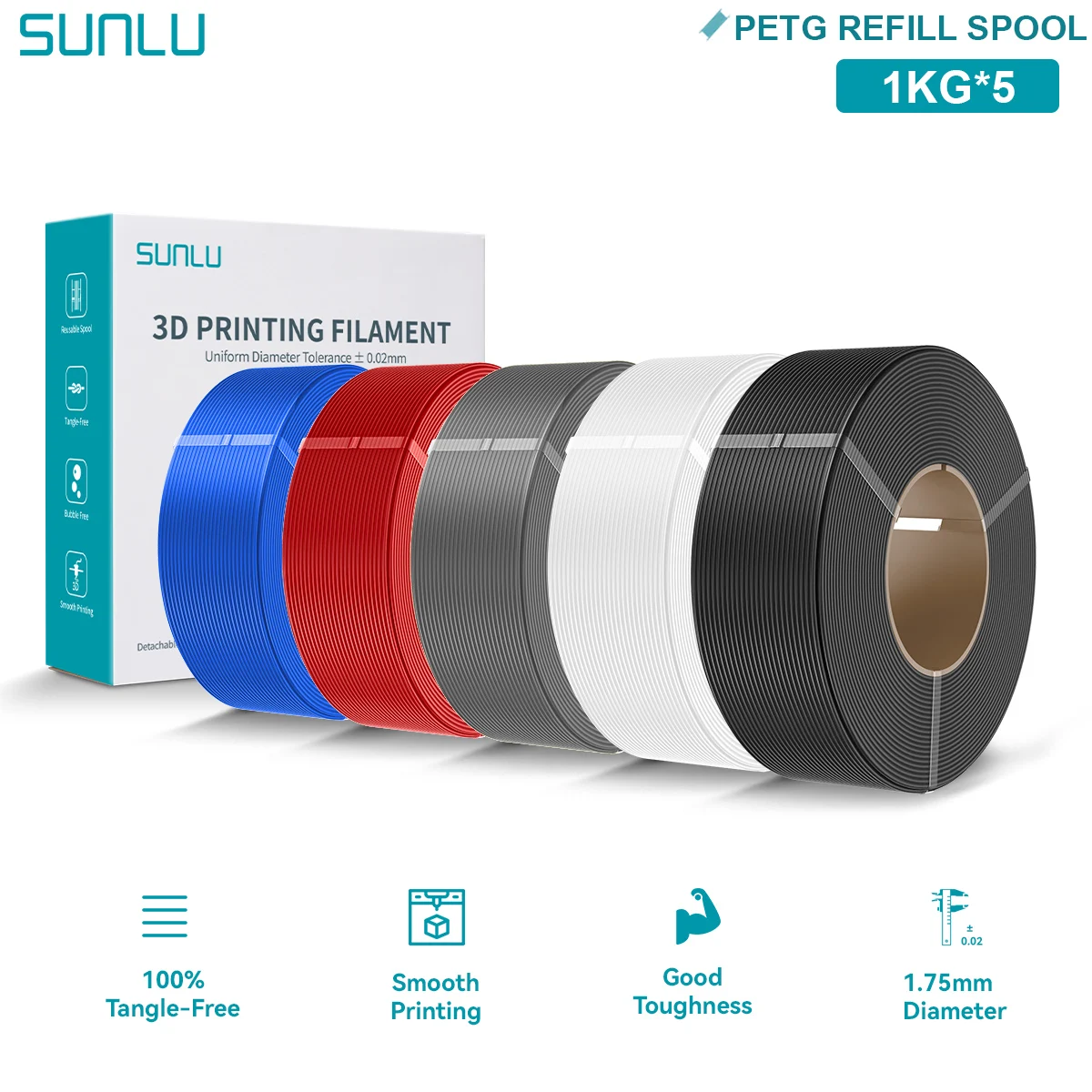 SUNLU Recharge de filament PETG/PLA/PLA PLUS 1.75mm Bien enroulé Bonne ténacité Filament de bobine réutilisable pour imprimante 3D FDM sans bobine