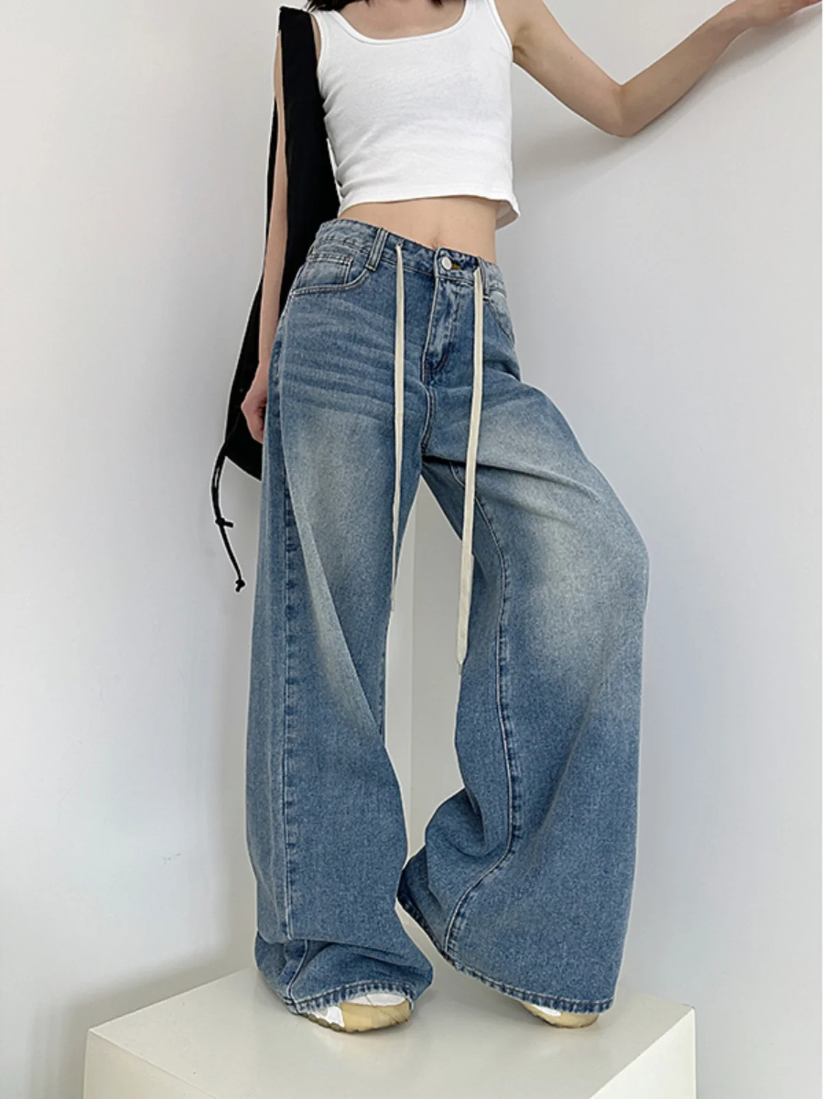 

Синие американские джинсы Waed для женщин: ретро-стиль, прямые брюки в пол, широкие штанины, уличный стиль