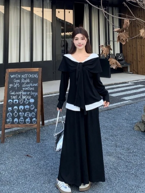 

Женский модный комплект больших размеров: футболка с длинным рукавом и юбка контрастного цвета с высокой талией, осенняя новинка, эффект стройности