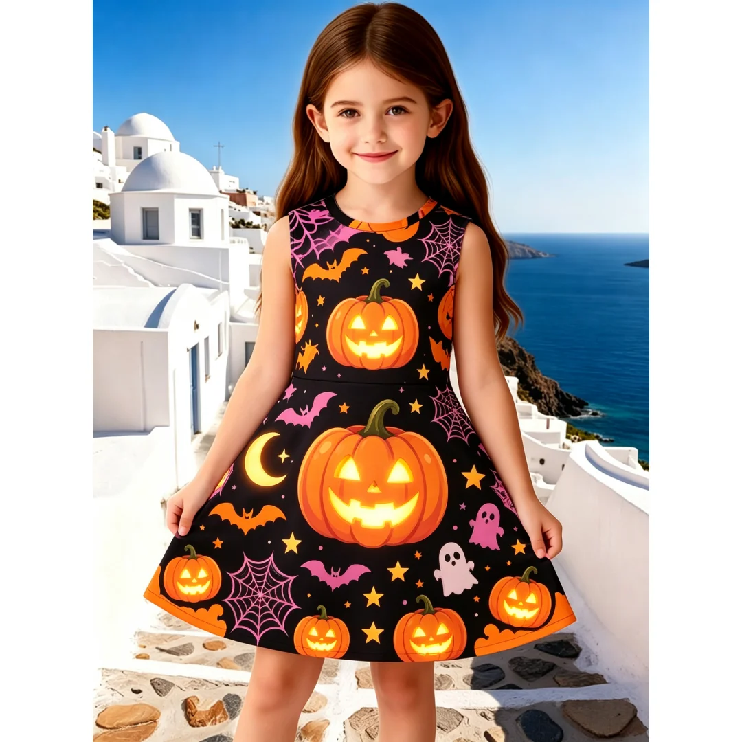 2026 Trendy Kid Sleeveless Swing Dress Pink Black Spider Web 3D Print Cute Halloween Outfit for Festival Party Daily Wear