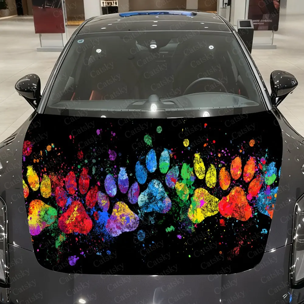 Rainbow Splatter Paw Print Car Hood Stickers, Decorative Pattern Car Stickers, Car Self-adhesive Scratch Resistant Decals Auto A