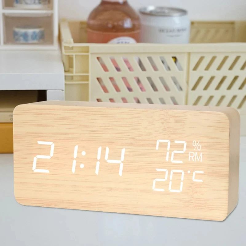 Wooden Digital Alarm Clock LED Thermometer Alarm Clock with Temperature Desk Clocks for Office,Bedside Clock,Decoration Supplies