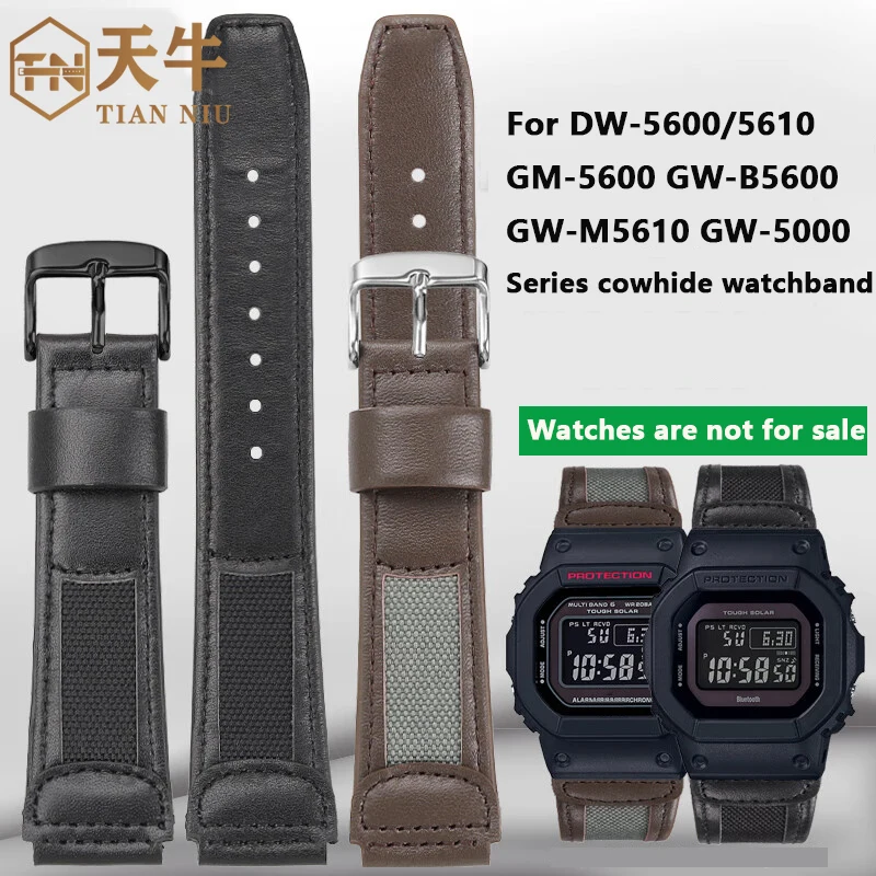 For G-SHOCK Casio DW-5600/5610 GM-5600 GW-B5600/5000 GW-M5610 series modified cowhide watchband 16mm convex mouth strap Bracelet