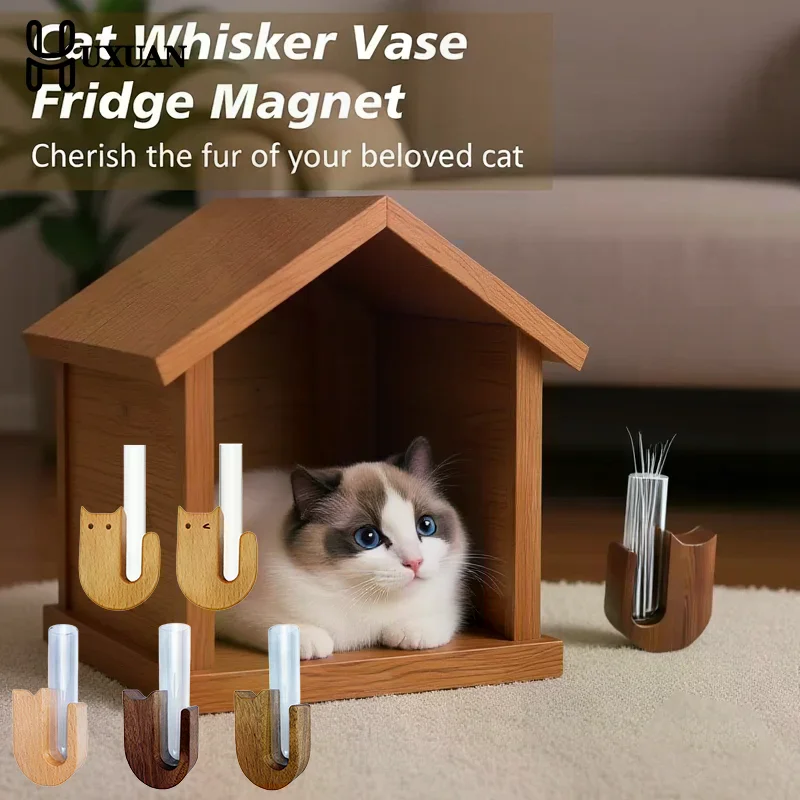 Cat Whisker Vase Pet Whisker Vase Fridge Magnet Wooden And Glass Pet Hair Beard Collector Pets Souvenir Gift Home Decor