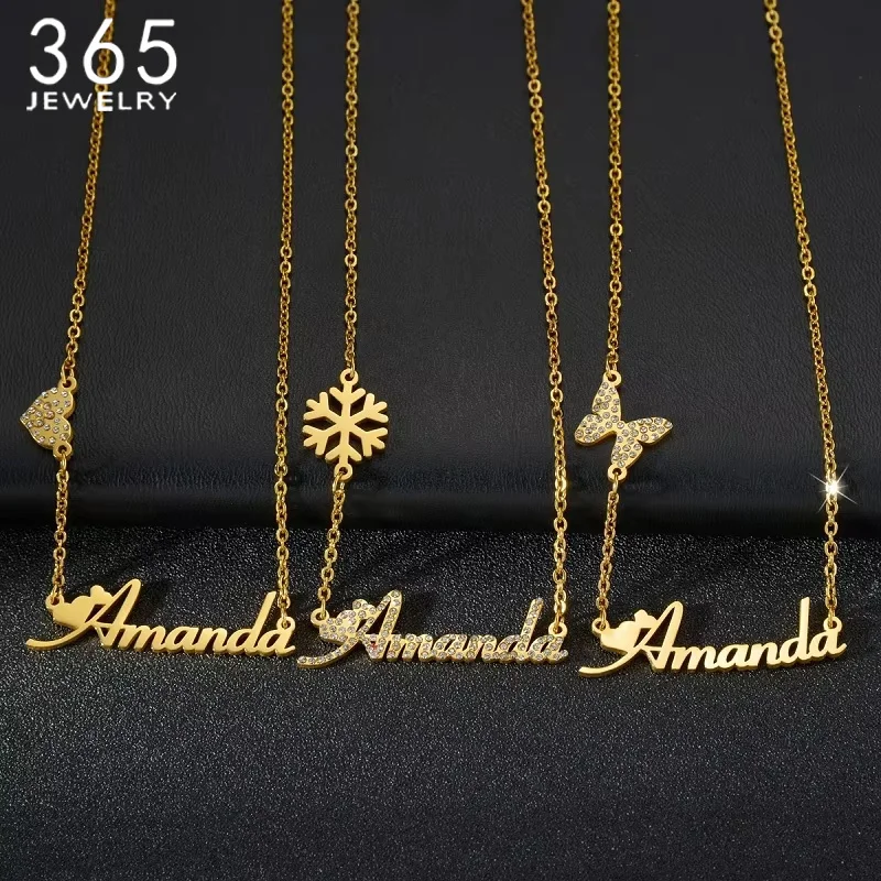 

365 Fashion Customized Names Butterfly Pendants Necklace Zircon Custom Nameplate Necklaces Stainless Steel Personalized Jewelry