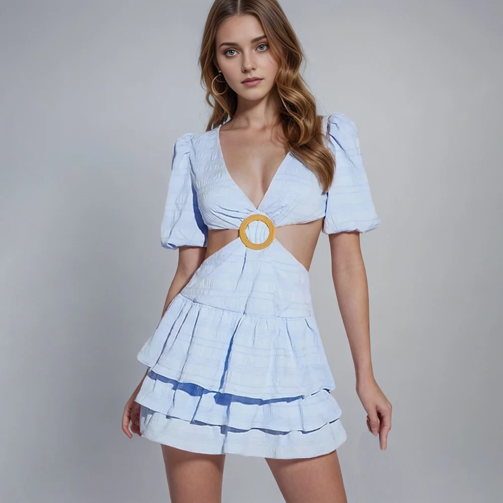 

Hollow Out Summer Mini Dresses For Women Deep V Neck Puff Sleeve High Waist Solid Patchwork Ruffles Dress Female New