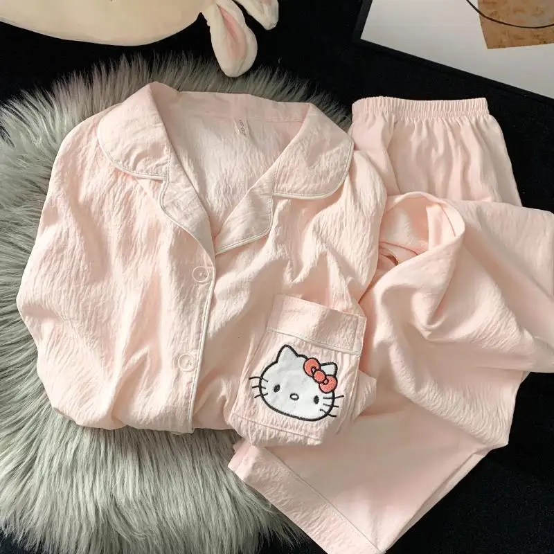 Cartoon Women Pajamas Set Anime Hello Kitty Long Sleeves Pants Kawaii Spring Autumn Nightgown Girls Student Home Clothing Set