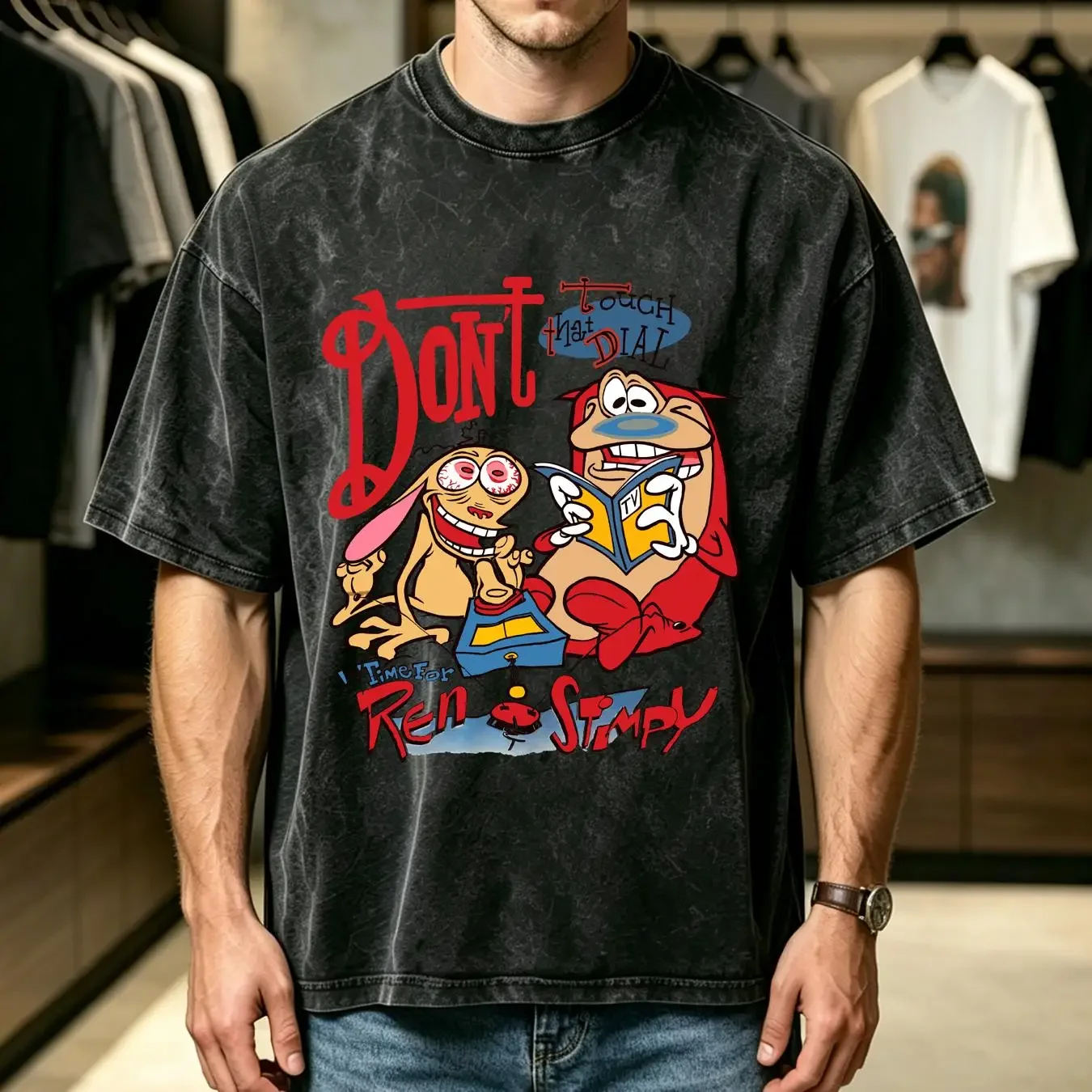 washed T Shirt Vintage Ren and Stimpy shirts Cotton S 4Xl NN719 vintage Washed streetwear Unisex Versatile graphic Breathable