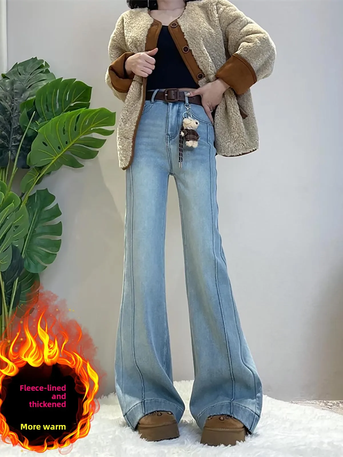 

Джинсы женские больших размеров, винтажные, утепленные флисом, из плотного денима, с высокой талией, широкие штанины, повседневные, синие, весенняя новинка