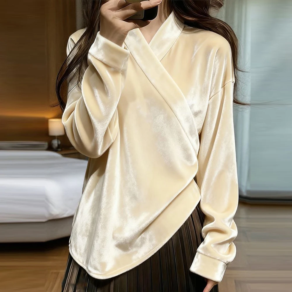 New Chinese style rice apricot velvet shirt improved Tang suit Hanfu top 2025 new collar bottoming shirt