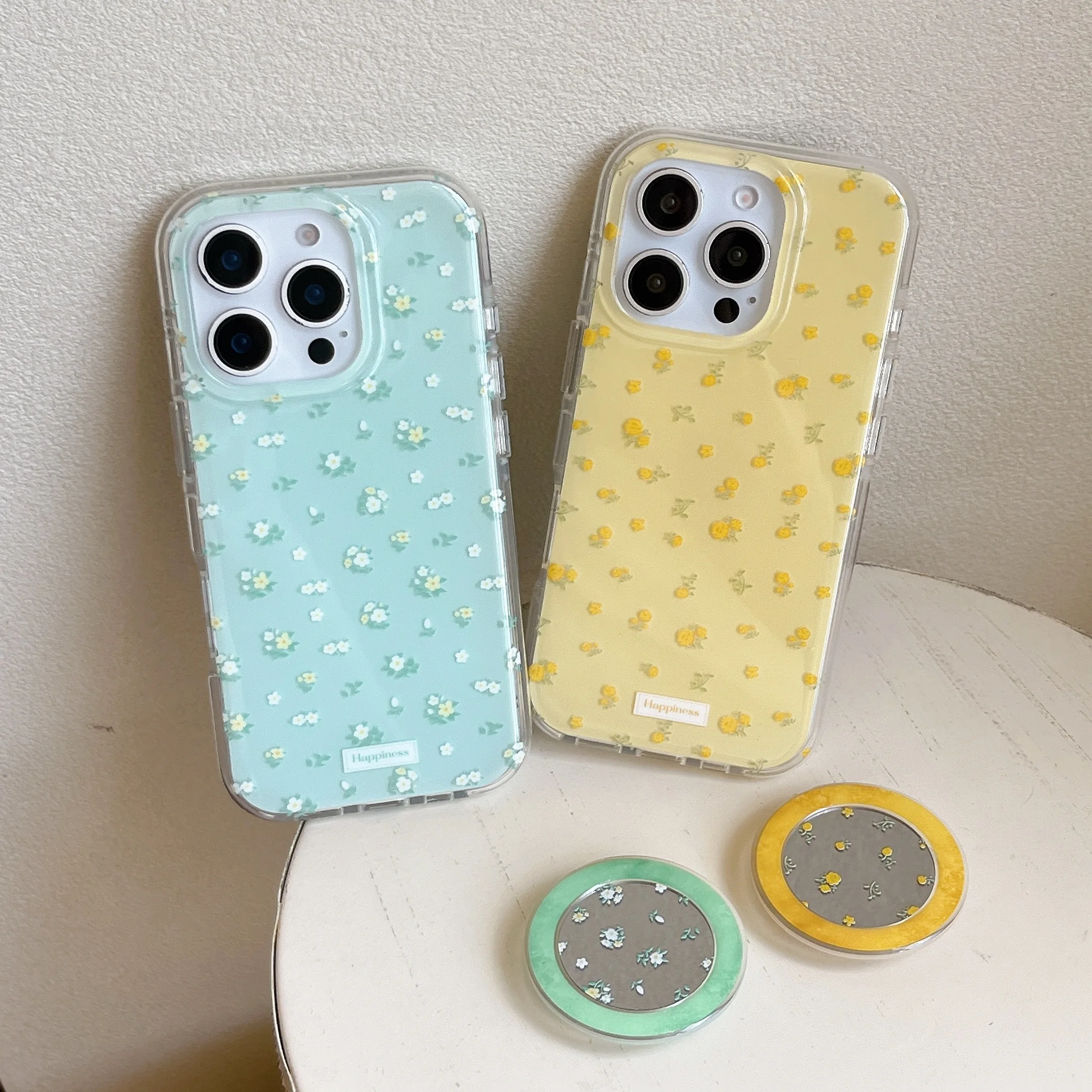 

INS Style For Full Screen Little Floral Patterns Blue-Green Yellow Shell Bracket For iPhone16 13 14 15 ProMax Anti-Drop Case