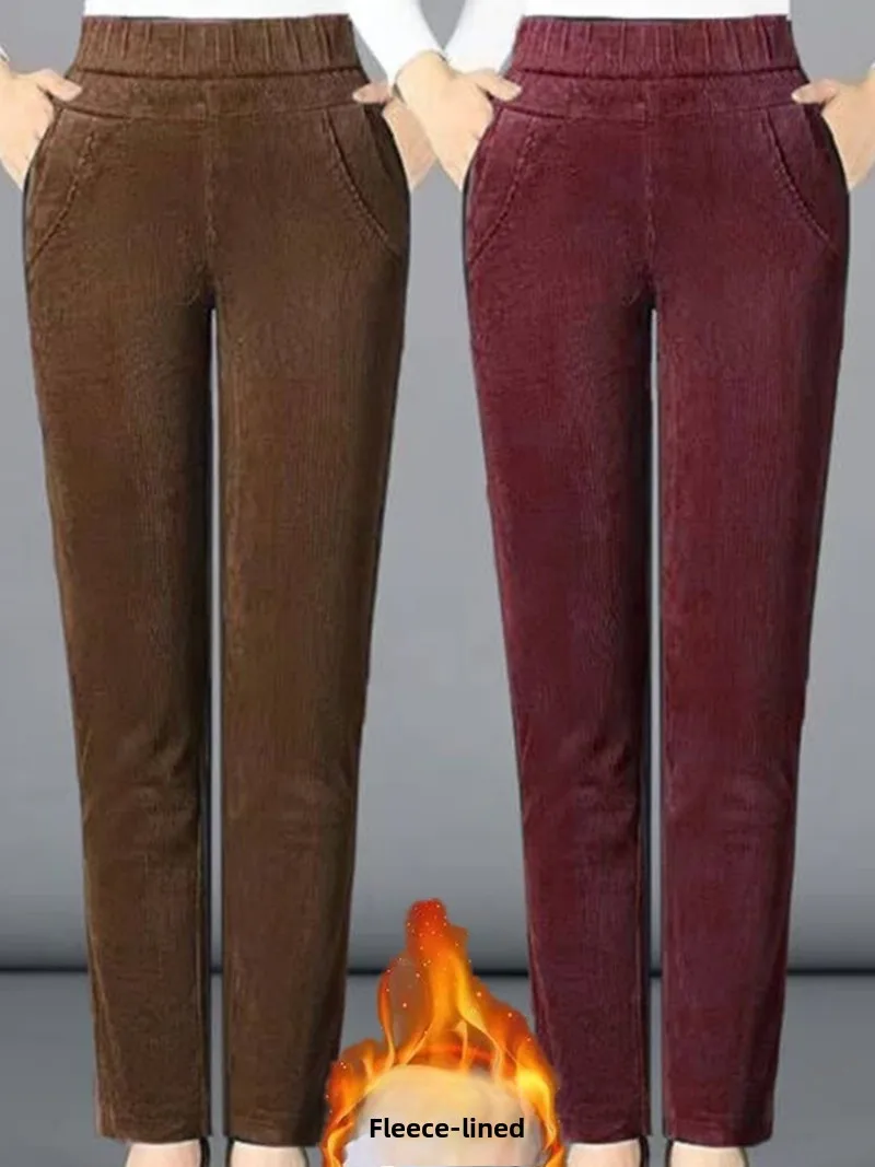 

Брюки для мам Thiened с высокой талией на подкладке, повседневные прямые брюки, осенне-зимние вельветовые женские брюки Харлан больших размеров