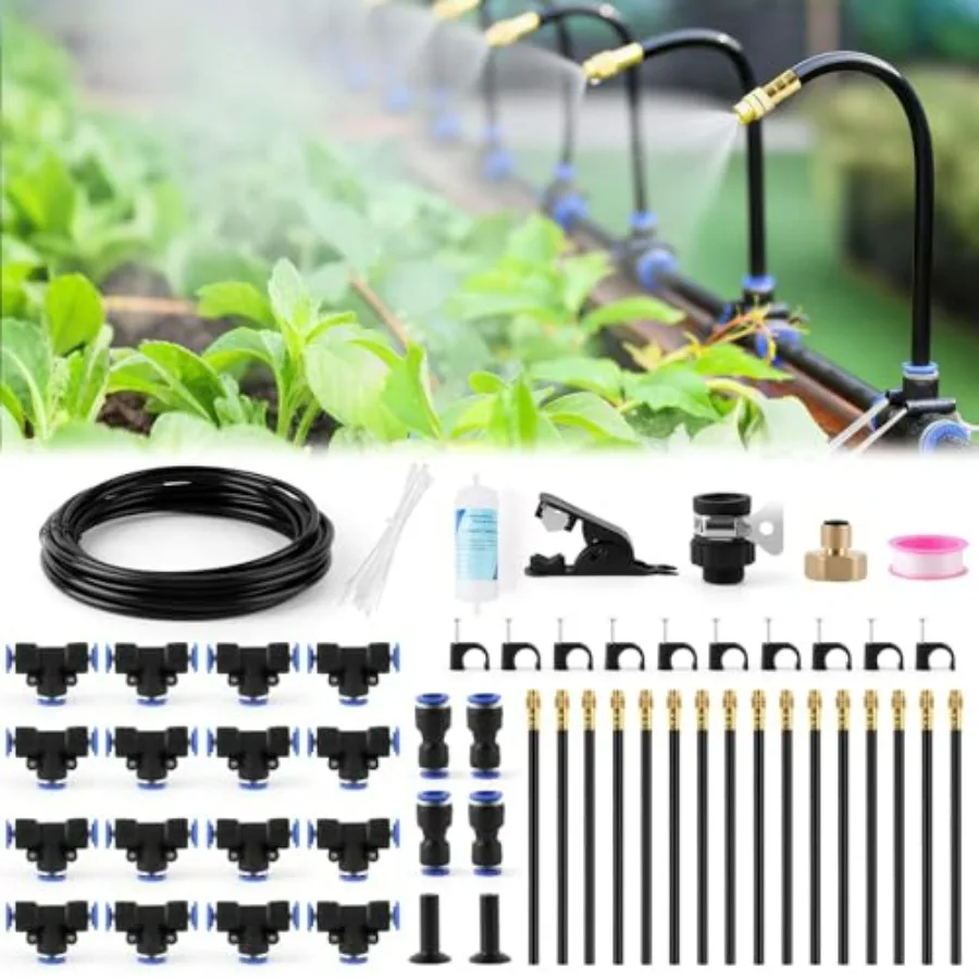 

1/4" Drip Irrigation System, Garden Watering System with 16pcs Adjustable Copper Nozzles Automatic Atomizing Watering Sprinkler