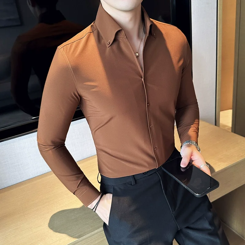 

High Quality V-Neck Shirt Men Autumn New Long Sleeve Business Slim Fit Solid Shirt Formal Wear Casual Social Tuxedo Men Clothing