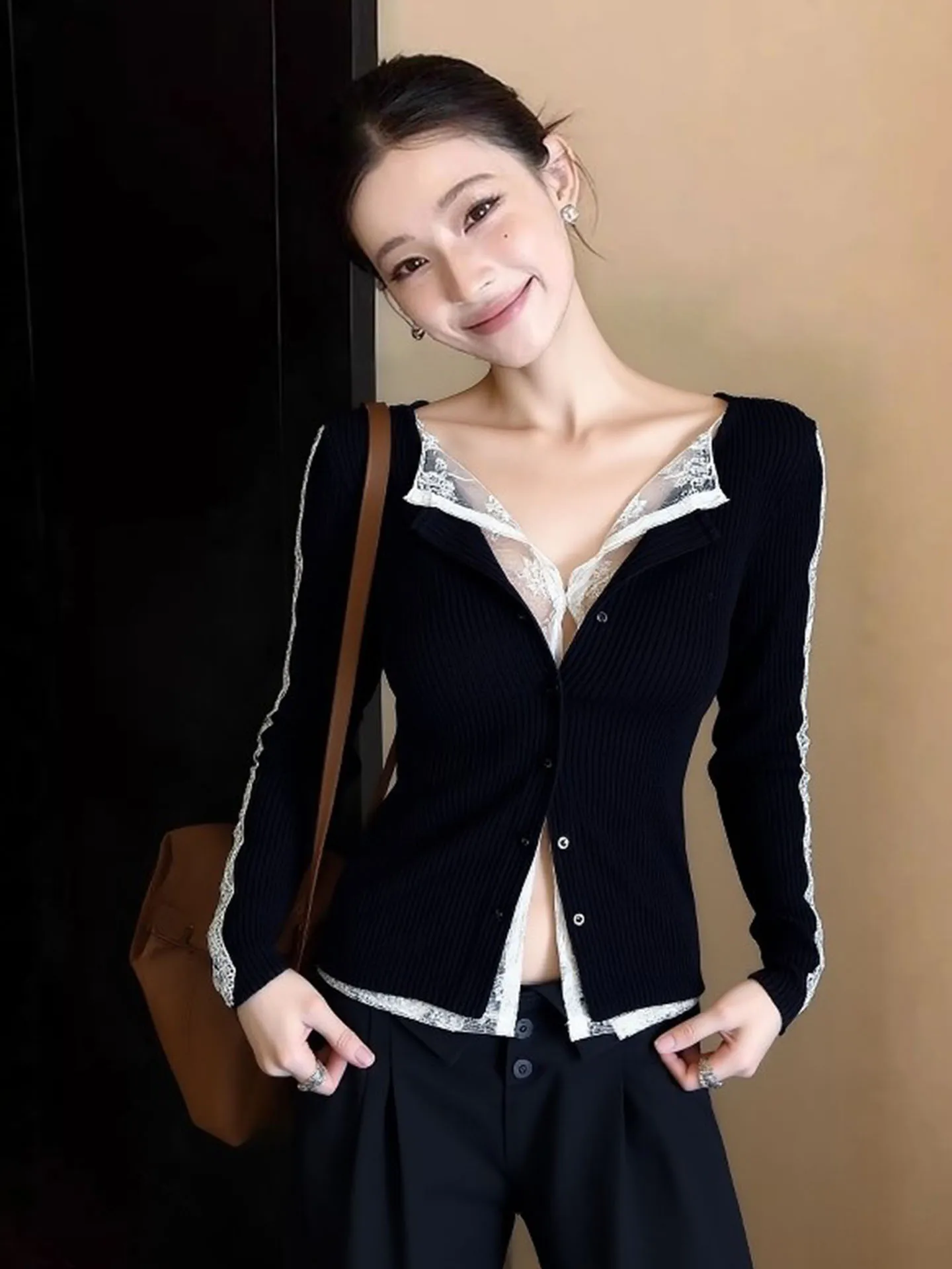 

Ele Bla Lace Splice Slim Fit Long Sve Knitted Top Women's Faion Spring New Sle Comfortable Breathable Casual Wear
