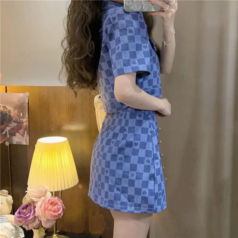 Summer Sexy Plaid Skirt Suit Women 2 Piece Set Korean Style Short Sleeve Cropped Jacket And Design Pin A-Line Mini Skirt Outfits