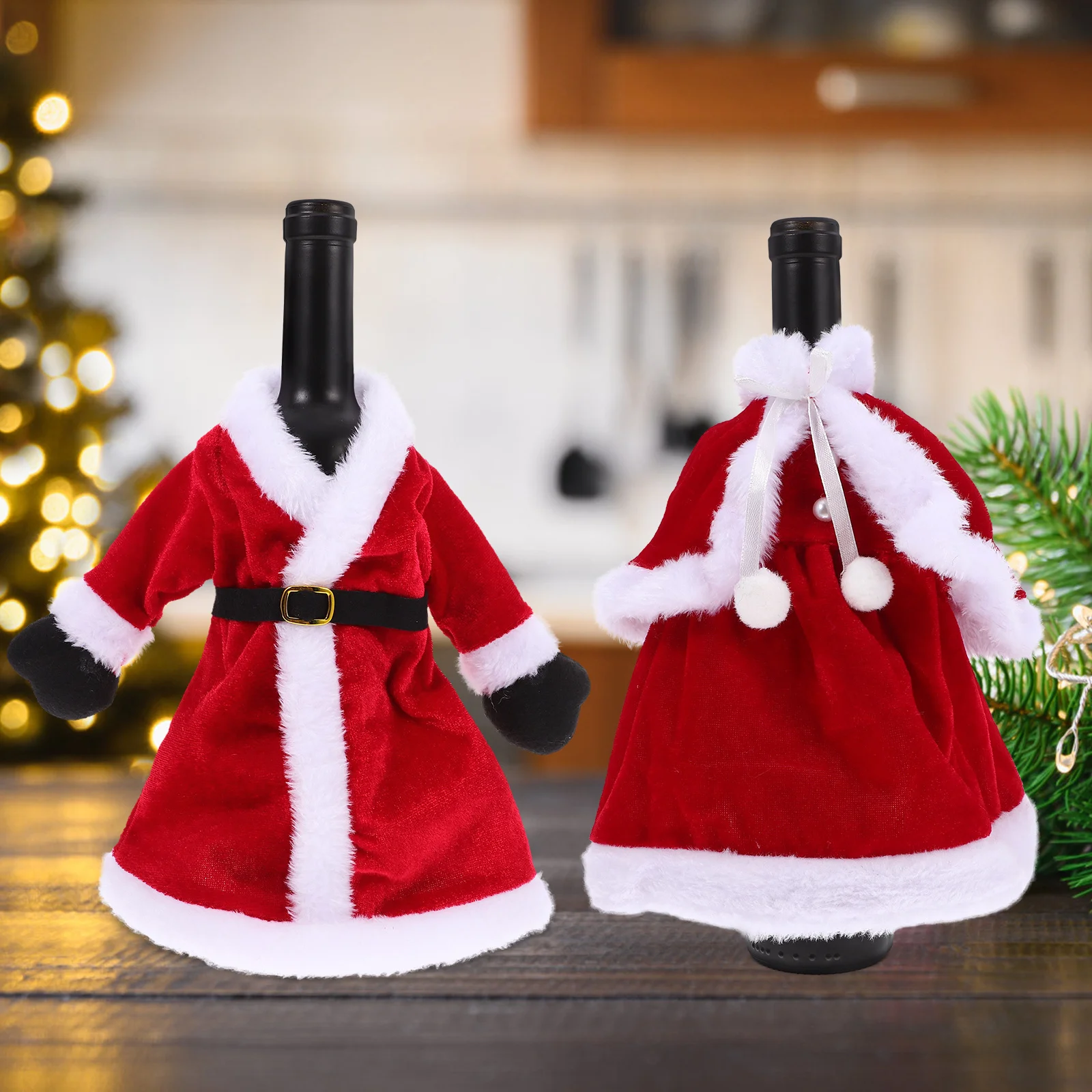 

2pcs Christmas Dress Cover Red Santa Design Xmas Bottle Sleeve Decorative Wine Accessory Bottle Cover For Christmas Party Wine